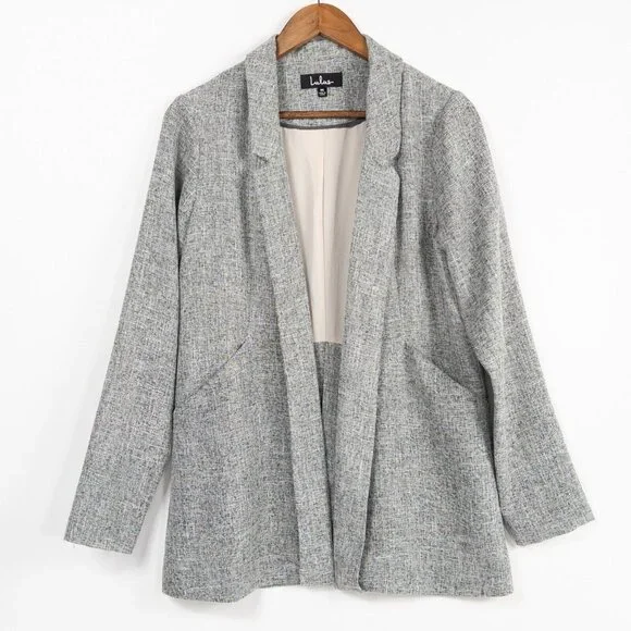 Lulus Promotion Gray Open Front Back Slit Lined Woven Wool Blazer Size Medium - Picture 3 of 12